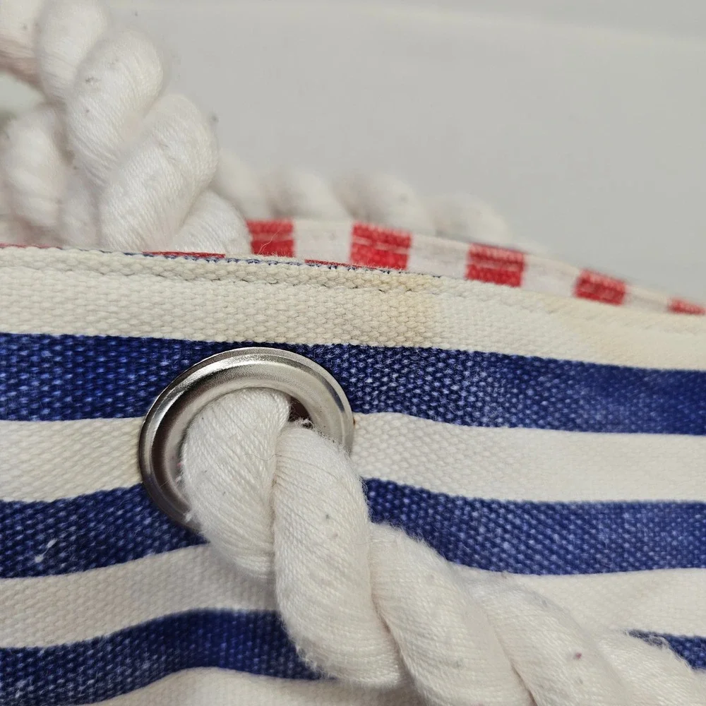 Nautical Rope Handle Canvas Tote Bag Women OS Blue Striped Anchor